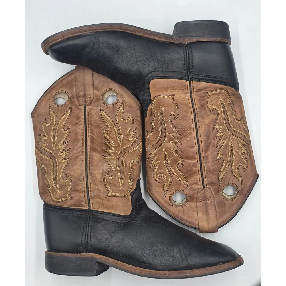 Old West BSY1810 Youth Western Boots Black Tan Calf Leather Square Toe Sz 7